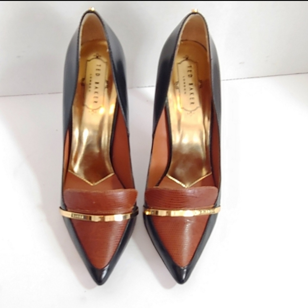 Ted Baker Two-Tone Black and Brown Pointed Toe Heels with Gold Bar - Picture 10 of 12